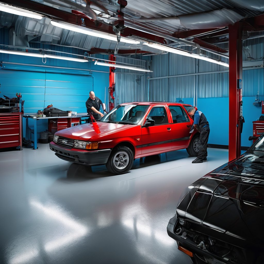 Customer vehicle in automotive service bay with technician performing window treatment work