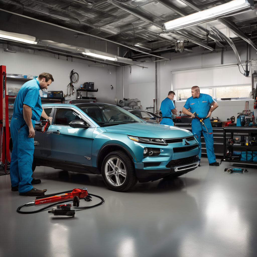 Team of skilled automotive technicians in a state-of-the-art service garage with professional tools and equipment