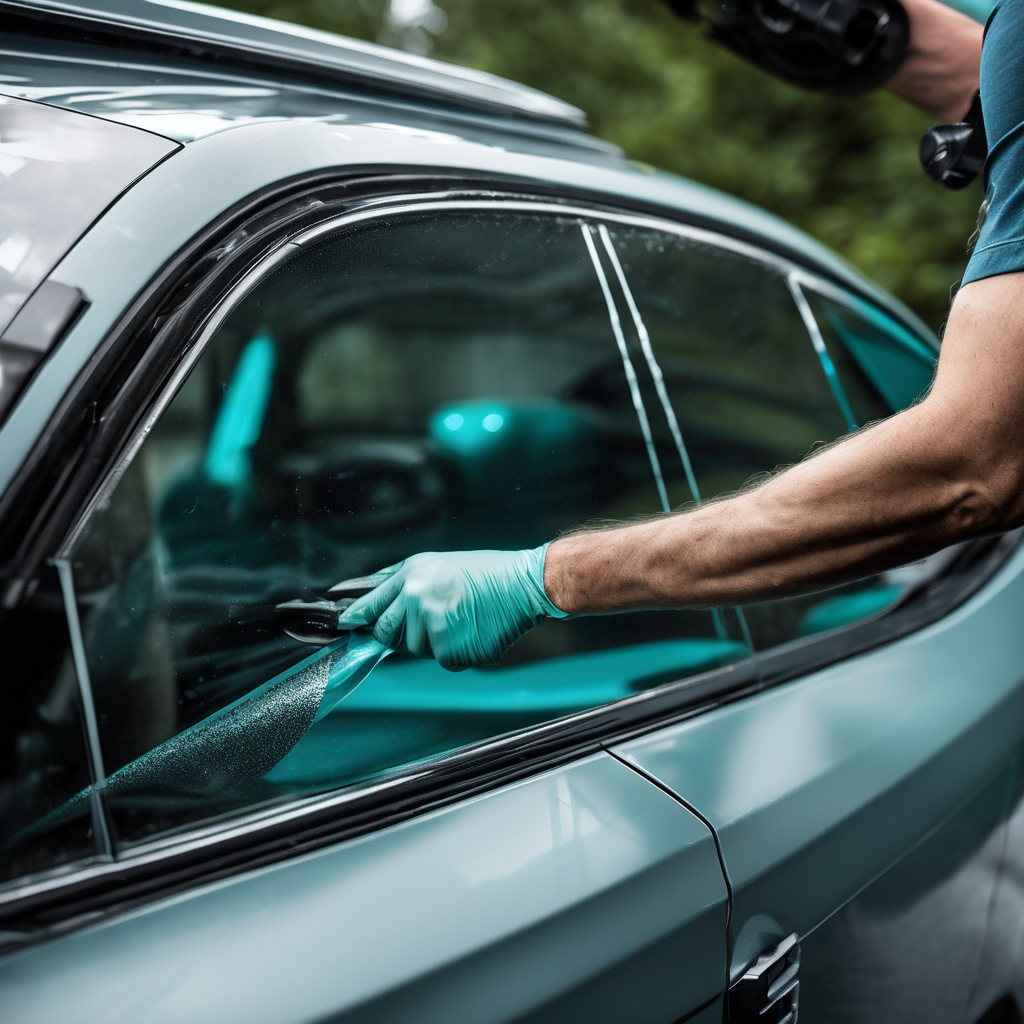 Close-up of automotive technician applying protective window film to a car window with a precision squeegee tool